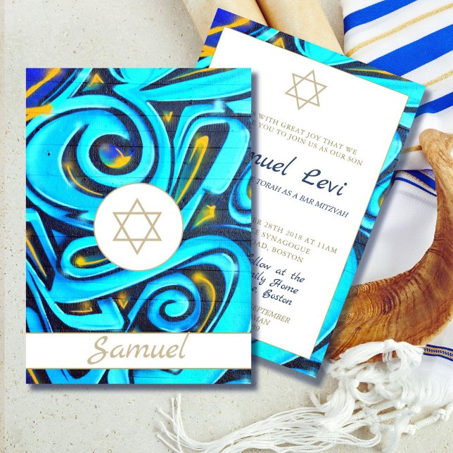 Bar Mitzvah  Modern Jewish Blue Pattern Invitation (Creator Uploaded)