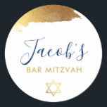 BAR MITZVAH modern luxe gilded gold navy blue Classic Round Sticker<br><div class="desc">by kat massard >>> WWW.SIMPLYSWEETPAPERIE.COM <<<</div>