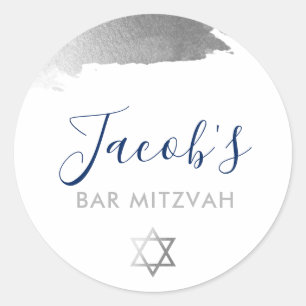 BAR MITZVAH modern luxe gilded silver navy blue Classic Round Sticker