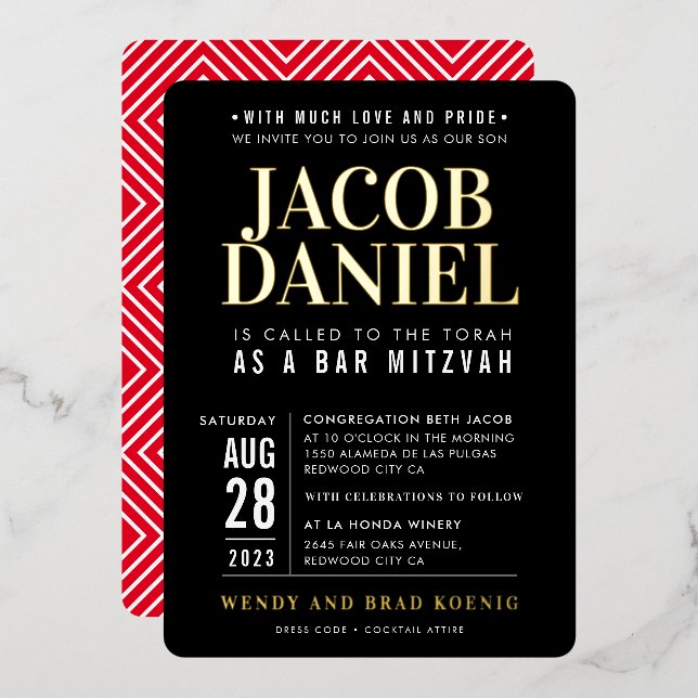 BAR MITZVAH modern minimal bold boy black red (Front/Back)