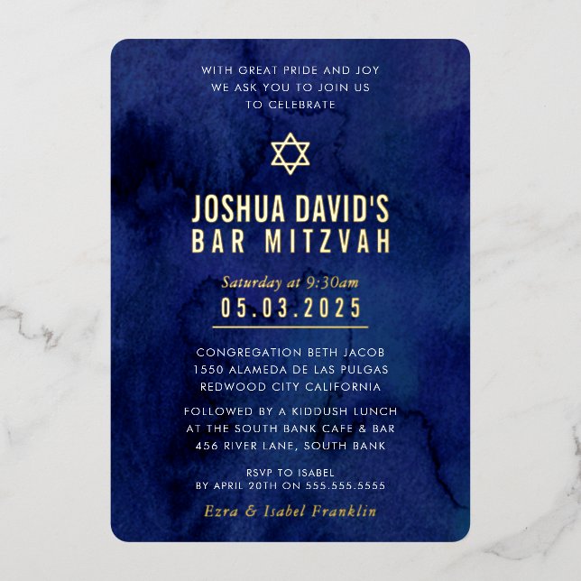 BAR MITZVAH modern minimal dark blue watercolor (Front)