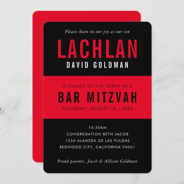 BAR MITZVAH modern minimal plain banded black red Invitation (Front/Back)