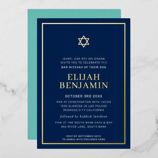 BAR MITZVAH modern minimal star border navy mint (Front/Back)