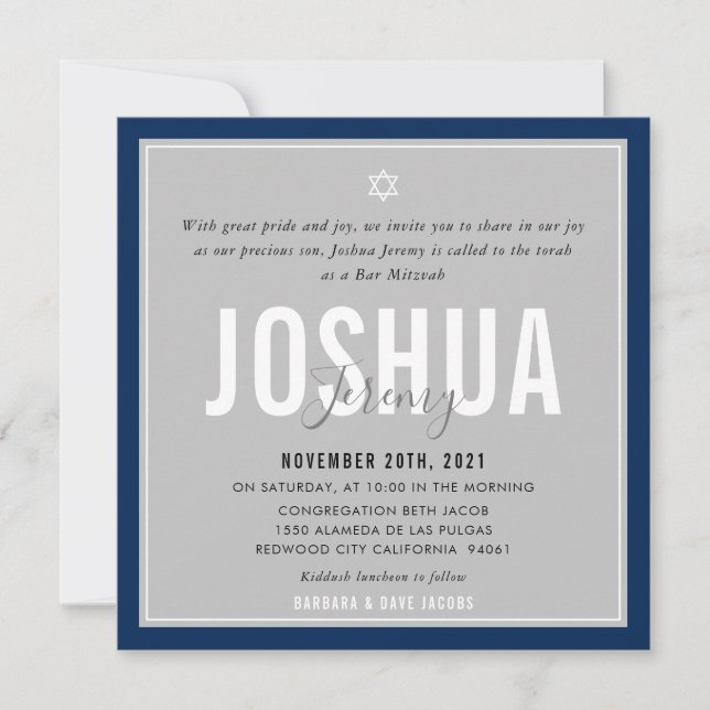 BAR MITZVAH modern name grey dark navy blue Invitation (Front)