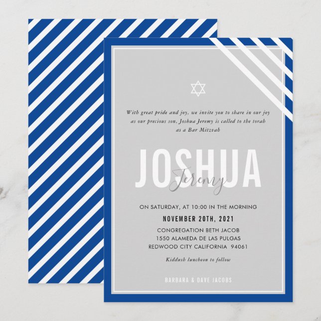 BAR MITZVAH modern name grey royal blue stripe Invitation (Front/Back)