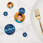 Bar Mitzvah Modern Navy Blue Ombre Agate Script Confetti<br><div class="desc">Add some extra style to your favourite Bar Mitzvah’s celebration party with this customizable table confetti! White script typography and Star of David overlay a deep navy blue ombre background with steel blue agate accented with faux silver veins on one side. Your Bar Mitzvah’s photo is on the other. Personalize...</div>