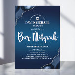 Bar Mitzvah Modern Navy Blue Ombre Agate Script In Invitation<br><div class="desc">Be proud, rejoice and showcase this milestone of your favourite Bar Mitzvah! Send out this cool, unique, modern, personalized invitation for an event to remember. White script typography and Star of David overlay a deep navy blue ombre background with steel blue agate accented with faux silver veins. Personalize the custom...</div>