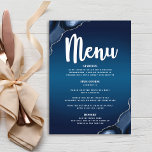 Bar Mitzvah Modern Navy Blue Ombre Agate Script Menu<br><div class="desc">Be proud, rejoice and showcase this milestone of your favourite Bar Mitzvah with a celebration to be proud of! Tempt your guests with this stunning, modern, party meal menu, featuring white calligraphy script, bold white typography, and steel blue agate rocks accented with faux silver veins, all overlaying a deep navy...</div>