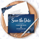 Bar Mitzvah Modern Navy Blue Ombre Agate Script Save The Date<br><div class="desc">Make sure all your friends and relatives will be able to celebrate your son’s milestone Bar Mitzvah! Send out this cool, unique, modern, personalized “Save the Date” announcement card. White script typography and Star of David overlay a deep navy blue ombre background with steel blue agate accented with faux silver...</div>
