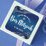 Bar Mitzvah Modern Navy Blue Ombre Agate Script  Square Sticker<br><div class="desc">Be proud, rejoice and showcase this milestone of your favourite Bar Mitzvah! Use this cool, unique, modern, personalized sticker to add to his special day. White script typography and Star of David overlay a deep navy blue ombre background with steel blue agate accented with faux silver veins. Personalize the custom...</div>