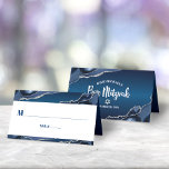 Bar Mitzvah Modern Navy Blue Ombre Silver Agate Place Card<br><div class="desc">No Bar Mitzvah party is complete without personalized place cards. Let your favourite Bar Mitzvah be proud, rejoice and celebrate his milestone at his perfectly coordinated party. Navy blue typography overlays a simple, white background with steel blue agate rocks accented with faux silver veins top and bottom. On the back,...</div>
