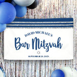 Bar Mitzvah Modern Navy Blue Silver Tallit Script  Banner<br><div class="desc">Be proud, rejoice and showcase this milestone of your favourite Bar Mitzvah! Hang up this cool, unique, modern, personalized banner to add to his special day. Bold, navy blue script typography, a silver Star of David and a navy blue and silver glitter striped tallit inspired graphic overlay a simple, white...</div>