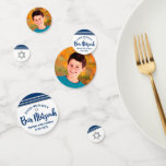 Bar Mitzvah Modern Navy Blue Silver Tallit Script Confetti<br><div class="desc">Add some extra style to your favourite Bar Mitzvah’s celebration party with this customizable table confetti! Bold, navy blue script typography, a silver Star of David and a navy blue and silver glitter striped tallit inspired graphic overlay a simple, white background veins on one side. Your Bar Mitzvah’s photo is...</div>