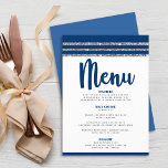 Bar Mitzvah Modern Navy Blue Silver Tallit Script Menu<br><div class="desc">Be proud, rejoice and showcase this milestone of your favourite Bar Mitzvah with a celebration to be proud of! Tempt your guests with this stunning, modern, party meal menu, featuring navy blue calligraphy script, bold navy blue and soft grey typography, and a navy blue and faux silver glitter striped tallit...</div>