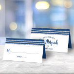 Bar Mitzvah Modern Navy Blue Silver Tallit Script Place Card<br><div class="desc">No Bar Mitzvah party is complete without personalized place cards. Let your favourite Bar Mitzvah be proud, rejoice and celebrate his milestone at his perfectly coordinated party. Bold, navy blue typography and a navy blue and faux silver glitter striped tallit inspired graphic overlay a simple, white background. On the back,...</div>