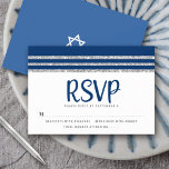 Bar Mitzvah Modern Navy Blue Silver Tallit Script RSVP Card<br><div class="desc">Be proud, rejoice and celebrate this milestone of your favourite Bar Mitzvah with this cool, unique, modern, personalized RSVP insert card for your event! Bold, navy blue script typography, Star of David and a navy blue and silver glitter striped tallit inspired graphic overlay a simple, white background. Personalize the custom...</div>