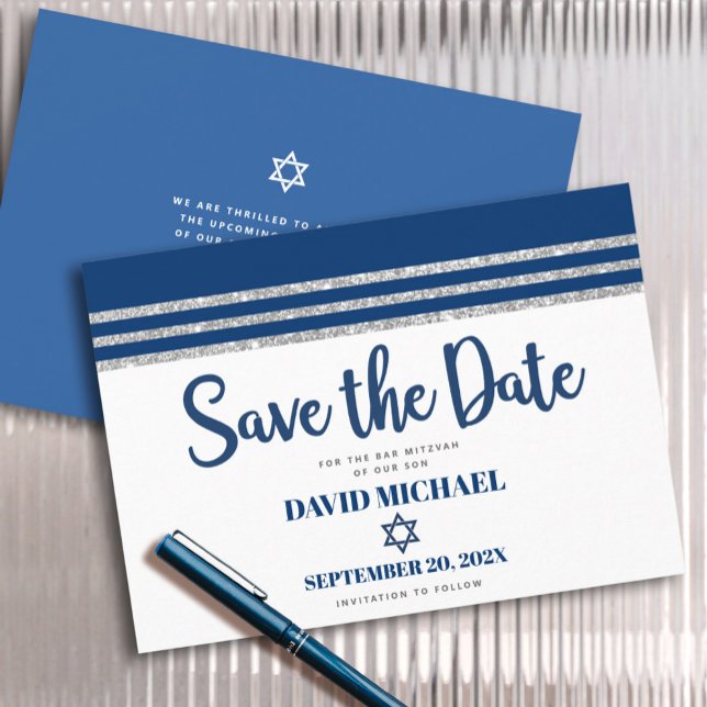 Bar Mitzvah Modern Navy Blue Silver Tallit Script  Save The Date (Creator Uploaded)