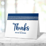 Bar Mitzvah Modern Navy Blue Silver Tallit Script  Thank You Card<br><div class="desc">Make sure your favourite Bar Mitzvah shows his appreciation to all who supported his milestone event! Send out this cool, unique, modern, personalized thank you card. Bold, navy blue script typography, Star of David and a navy blue and silver glitter striped tallit inspired graphic overlay a simple, white background. Another...</div>