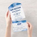 Bar Mitzvah Modern Navy Typography Blue Foil Party All In One Invitation<br><div class="desc">Be proud, rejoice and showcase this milestone of your favourite Bar Mitzvah! Send out this cool, unique, modern, custom all-in-one invitation for an event to remember. Metallic light blue foil brush strokes, along with bold, navy blue typography and Star of David, overlay a simple, white background. This all-in-one product is...</div>