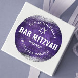 Bar Mitzvah Modern Purple Watercolor Silver Foil  Classic Round Sticker<br><div class="desc">Be proud, rejoice and showcase this milestone of your favourite Bar Mitzvah! Use this cool, unique, modern, personalized sticker to add to his special day. Metallic silver foil brush strokes and Star of David, along with bold, white typography, overlay a rich, dark purple ombre watercolor background. Personalize the custom text...</div>
