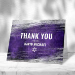 Bar Mitzvah Modern Purple Watercolor Silver Foil  Thank You Card<br><div class="desc">Make sure your favourite Bar Mitzvah shows his appreciation to all who supported his milestone event! Send out this cool, unique, modern, personalized thank you card. Metallic silver foil brush strokes and Star of David, along with bold, white typography, overlay a rich, dark purple ombre watercolor background. Your custom message,...</div>