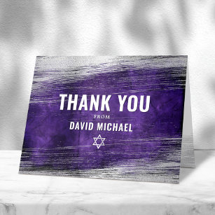 Bar Mitzvah Modern Purple Watercolor Silver Foil  Thank You Card