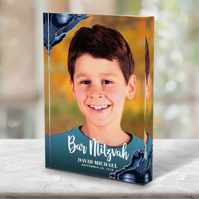 Bar Mitzvah Modern Script Navy Blue Agate Keepsake Photo Block (Creator Uploaded)