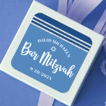 Bar Mitzvah Modern Silver Blue Tallit Bold Script Square Sticker<br><div class="desc">Be proud, rejoice and showcase this milestone of your favourite Bar Mitzvah! Use this cool, unique, modern, personalized sticker to add to his special day. Bold, white script typography, Star of David and a navy blue and silver glitter striped tallit inspired graphic overlay a simple, cornflower blue background. Personalize the...</div>