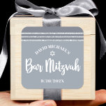 Bar Mitzvah Modern Silver Grey Tallit Bold Script  Square Sticker<br><div class="desc">Be proud, rejoice and showcase this milestone of your favourite Bar Mitzvah! Use this cool, unique, modern, personalized sticker to add to his special day. Bold, white script typography, Star of David, and a soft grey and silver glitter striped tallit inspired graphic overlay a simple, lighter soft grey background. Personalize...</div>