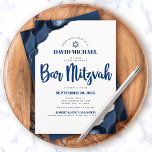 Bar Mitzvah Modern Simple Navy Blue Agate Script   Invitation<br><div class="desc">Be proud, rejoice and showcase this milestone of your favourite Bar Mitzvah! Send out this cool, unique, modern, personalized invitation for an event to remember. Navy blue script typography and Star of David overlay simple, white background with steel blue agate accented with faux silver veins. Personalize the custom text with...</div>