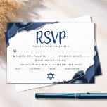 Bar Mitzvah Modern Simple Navy Blue Agate Script RSVP Card<br><div class="desc">Be proud, rejoice and celebrate this milestone of your favourite Bar Mitzvah with this cool, unique, modern, personalized RSVP insert card for your event! Navy blue script typography and Star of David overlay a simple, white background with steel blue agate rocks accented with faux silver veins. Personalize the custom text...</div>