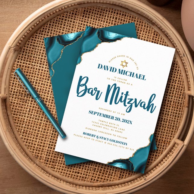 Bar Mitzvah Modern Simple Turquoise Agate Script Invitation (Creator Uploaded)
