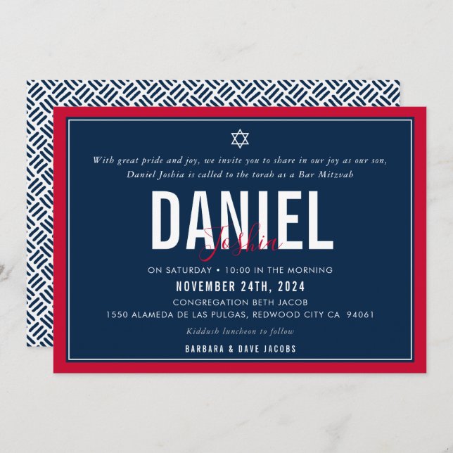 BAR MITZVAH modern sport boy bold red navy blue Invitation (Front/Back)