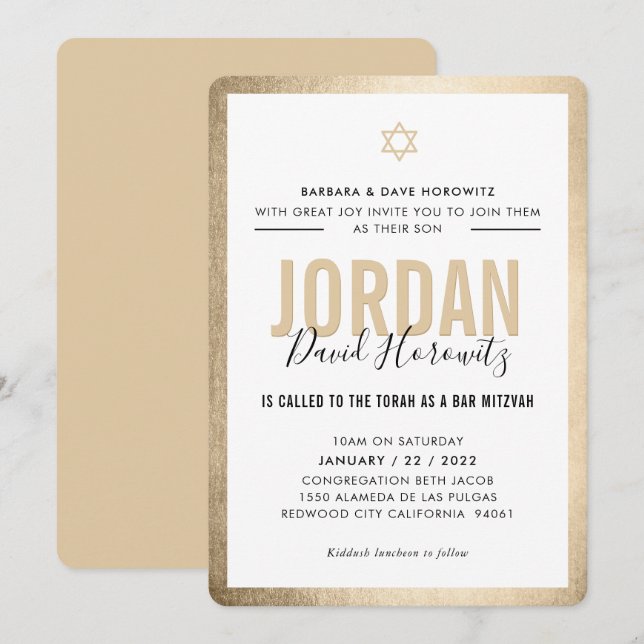 BAR MITZVAH modern star boy gold black simple Invitation (Front/Back)