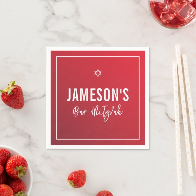 BAR MITZVAH modern star red burgundy gradient Napkin (Insitu)
