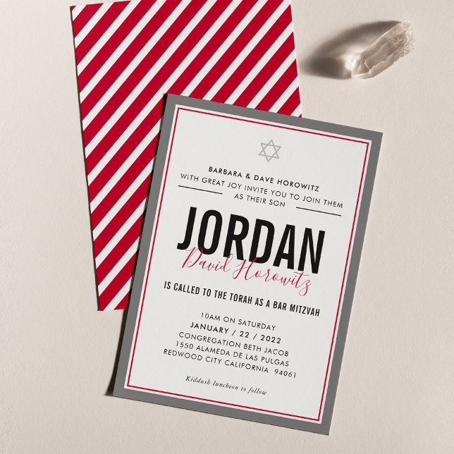 BAR MITZVAH modern star simple sporty boy red grey Invitation (Creator Uploaded)