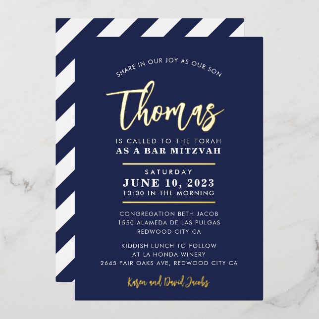 BAR MITZVAH modern stylish calligraphy navy gold F (Front/Back)