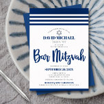 Bar Mitzvah Modern Tallit Navy Script Real Silver<br><div class="desc">Be proud, rejoice and showcase this milestone of your favourite Bar Mitzvah! Send out this cool, unique, modern, personalized invitation for an event to remember. Bold, navy blue script typography, real foil Star of David and a navy blue and real foil silver striped tallit inspired graphic overlay a simple, white...</div>