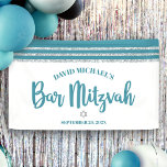 Bar Mitzvah Modern Teal Silver Tallit Bold Script  Banner<br><div class="desc">Be proud, rejoice and showcase this milestone of your favorite Bar Mitzvah! Hang up this cool, unique, modern, personalized banner to add to his special day. Bold, dusty teal blue green script typography, a silver Star of David and a dusty teal blue green and silver glitter striped tallit inspired graphic...</div>