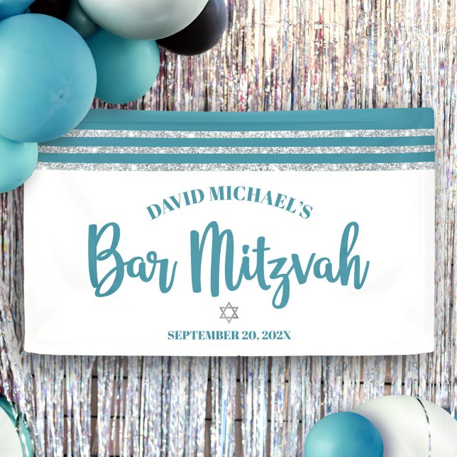 Bar Mitzvah Modern Teal Silver Tallit Bold Script  Banner (Creator Uploaded)