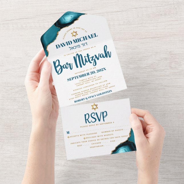Bar Mitzvah Modern Turquoise Agate Script Party All In One Invitation (Tearaway)