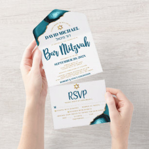 Bar Mitzvah Modern Turquoise Agate Script Party All In One Invitation
