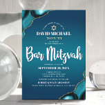 Bar Mitzvah Modern Turquoise Ombre Agate Script Invitation<br><div class="desc">Be proud, rejoice and showcase this milestone of your favourite Bar Mitzvah! Send out this cool, unique, modern, personalized, Hebrew name invitation for an event to remember. White script typography and a faux gold Star of David overlay a deep turquoise teal blue ombre background with turquoise blue agate accented with...</div>