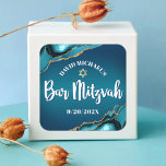 Bar Mitzvah Modern Turquoise Ombre Agate Script Square Sticker<br><div class="desc">Be proud, rejoice and showcase this milestone of your favourite Bar Mitzvah! Use this cool, unique, modern, personalized sticker to add to his special day. White calligraphy script, bold white sans serif typography, and a faux gold Star of David overlay a deep turquoise teal blue ombre background with turquoise blue...</div>