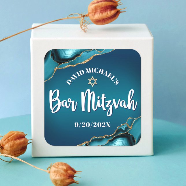 Bar Mitzvah Modern Turquoise Ombre Agate Script Square Sticker (Creator Uploaded)