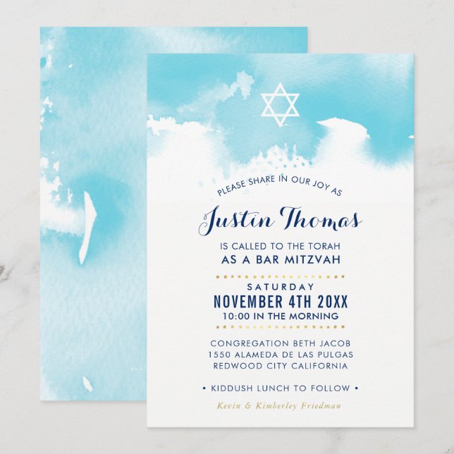 BAR MITZVAH moderne aqua bleu aquarelle invitation (Devant / Derrière)