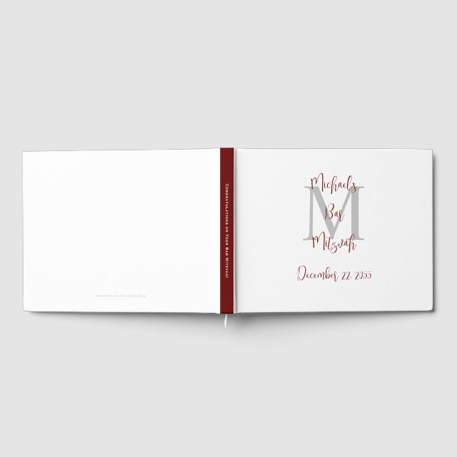 Bar Mitzvah Monogram White Burgundy Grey Sign-In Guest Book (Full)