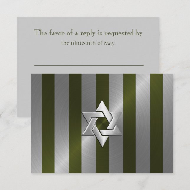 Bar Mitzvah Moss Green and Silver Stripe RSVP Card (Front/Back)
