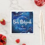 Bar Mitzvah Navy Agate Blue Galaxy White Script Napkin<br><div class="desc">Be proud, rejoice and showcase this milestone of your favourite Bar Mitzvah! Celebrate with this cool, unique, modern, custom paper napkin. White script typography and Star of David overlay a deep blue galaxy watercolor background with navy blue agate accented with faux silver veins. Personalize the custom text with your Bar...</div>