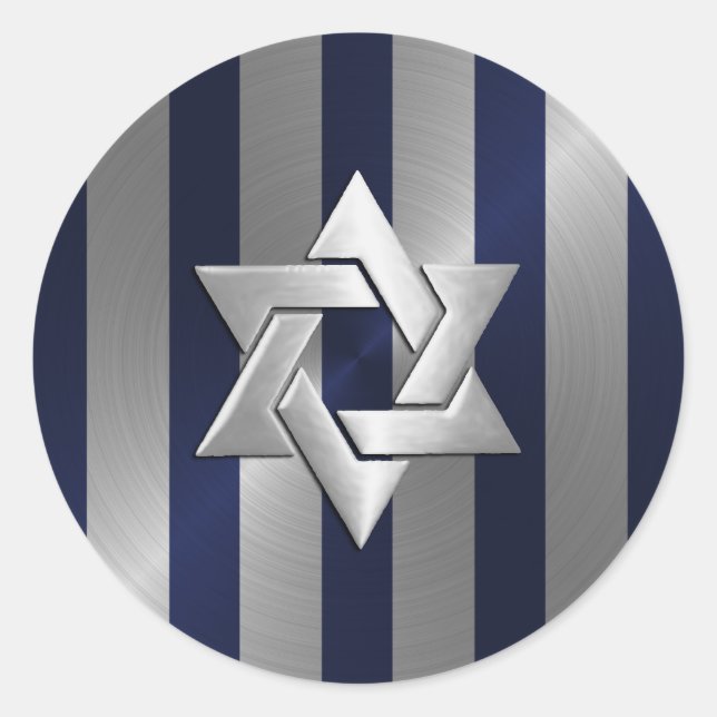 Bar Mitzvah Navy and Silver Stripe Star of David Classic Round Sticker (Front)